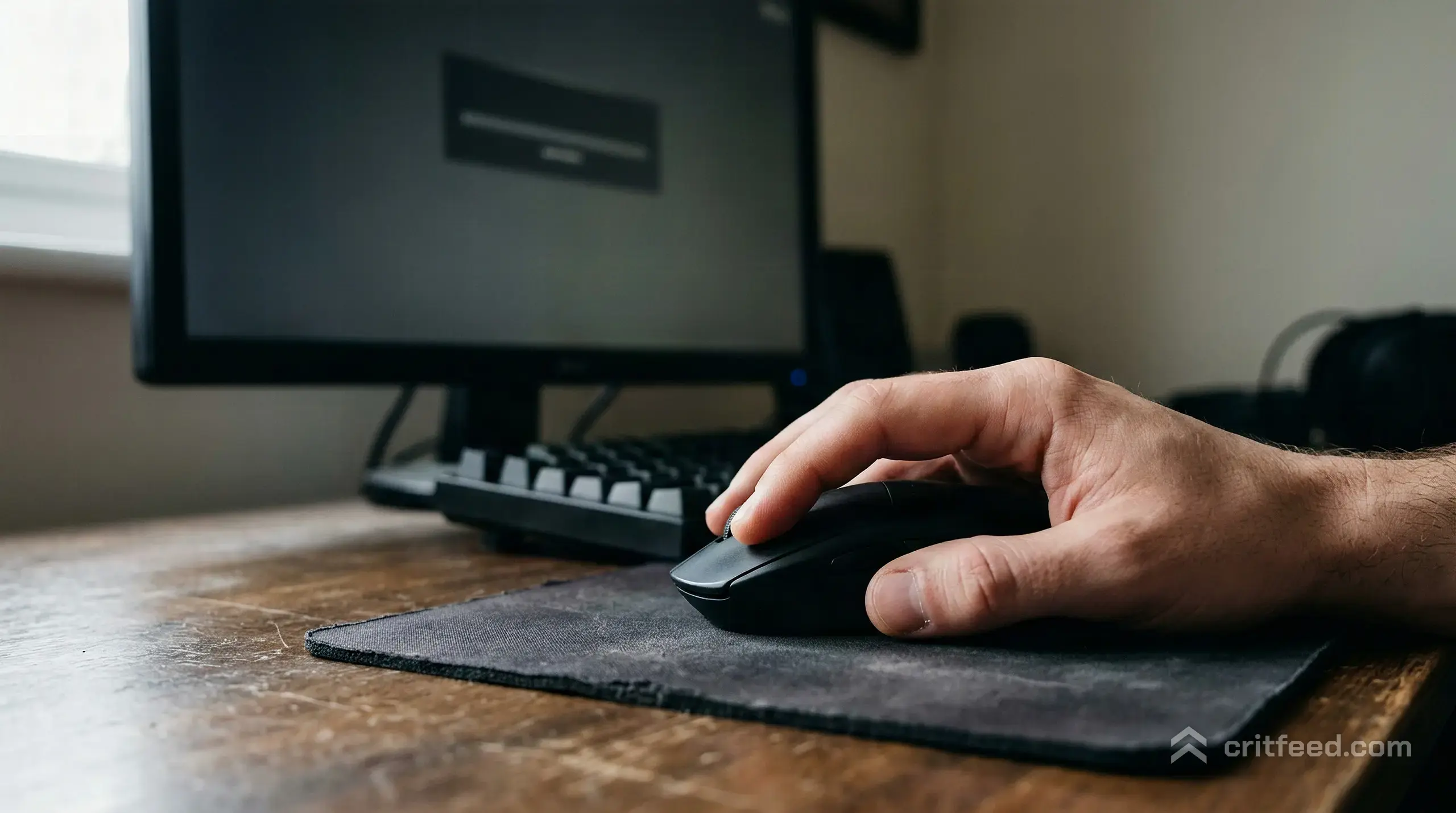 a close shot of a hand on a black mouse at a desk, one monitor just out of focus showing a dim grey loading frame