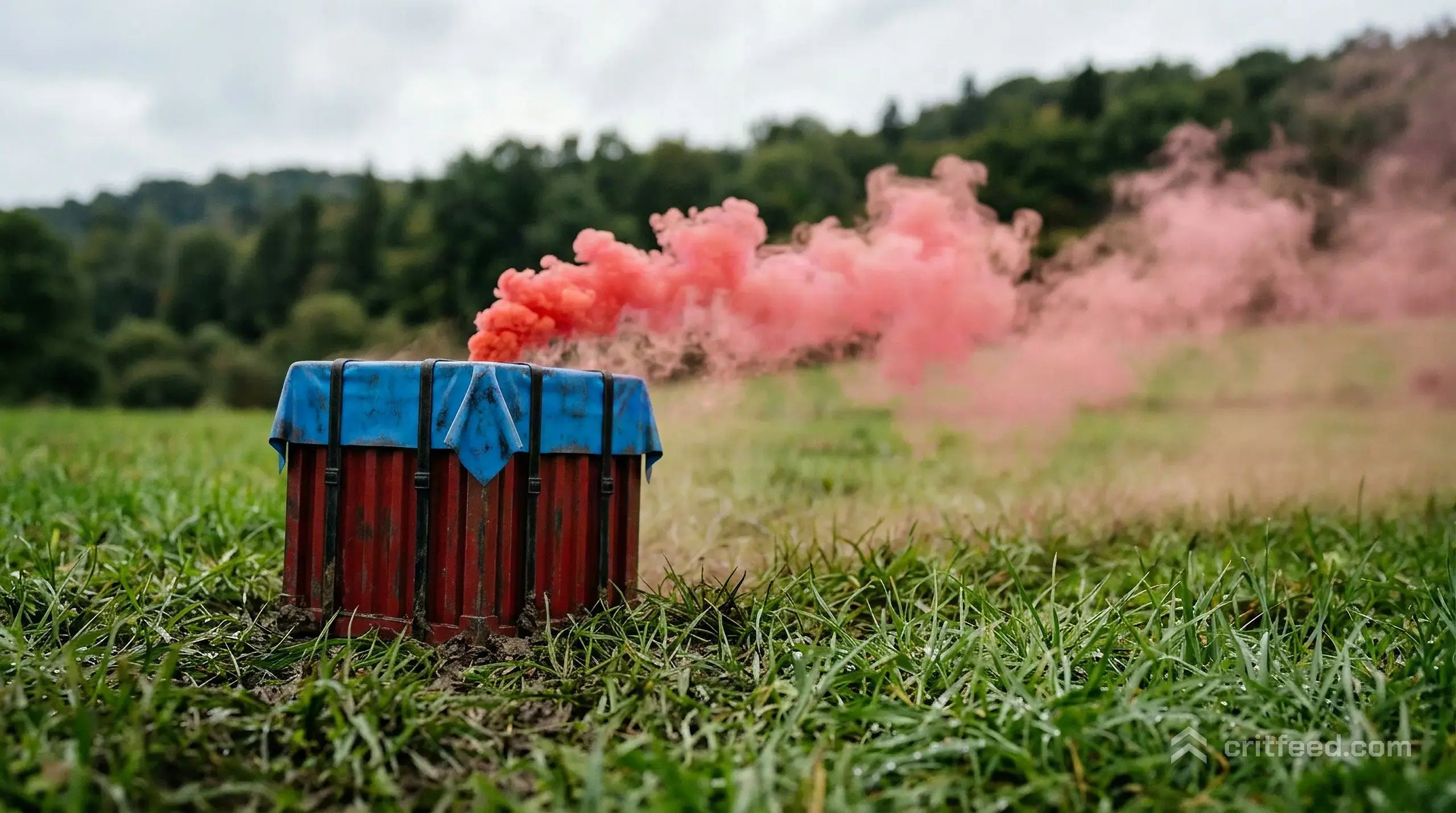 A low angle shot of a dropped supply crate on wet grass, red smoke drifting sideways in the wind, treeline blurred in the