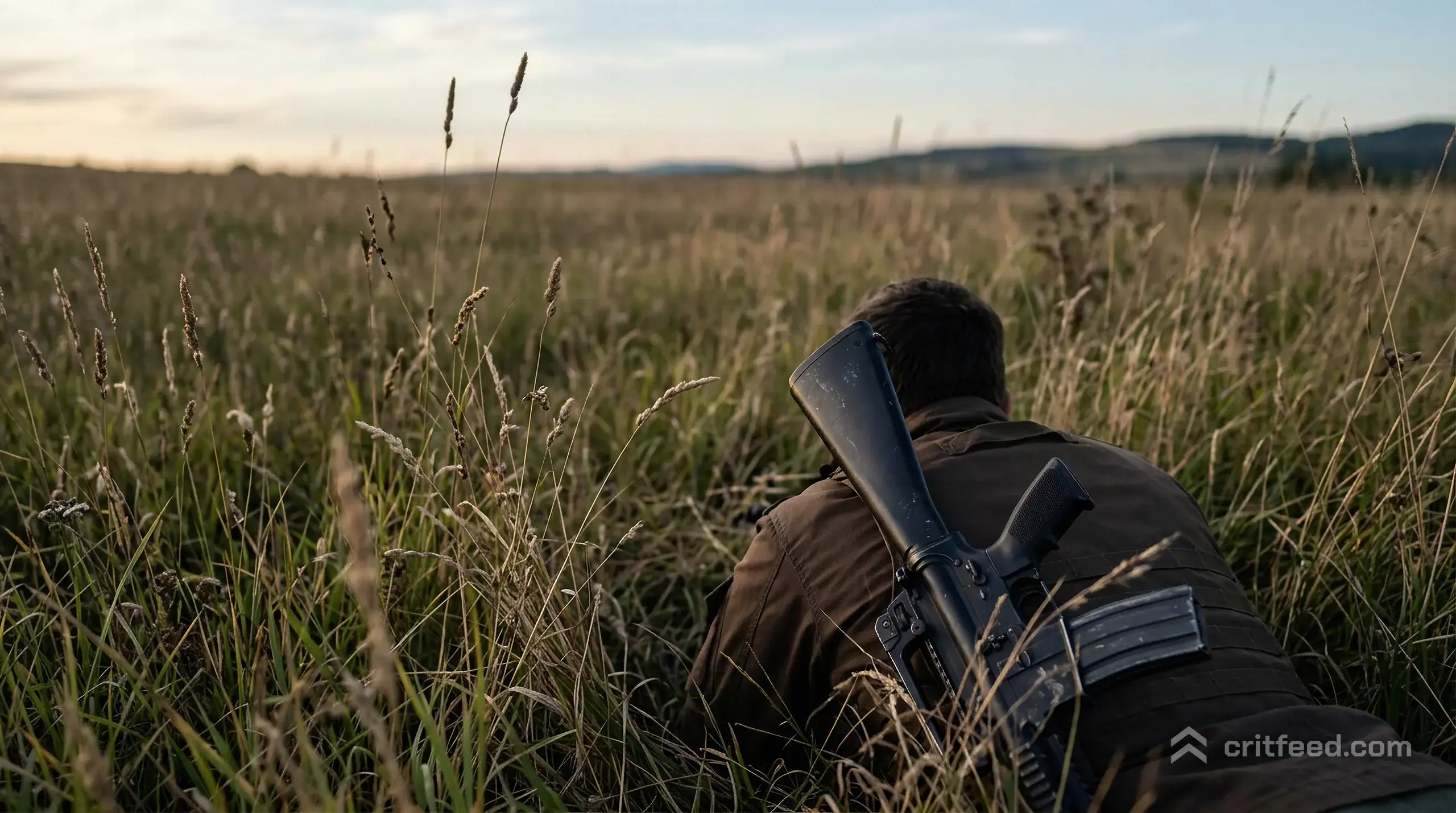 An over-the-shoulder view of a prone player in a tall grass field at dusk, only the back of their shoulders and part of the