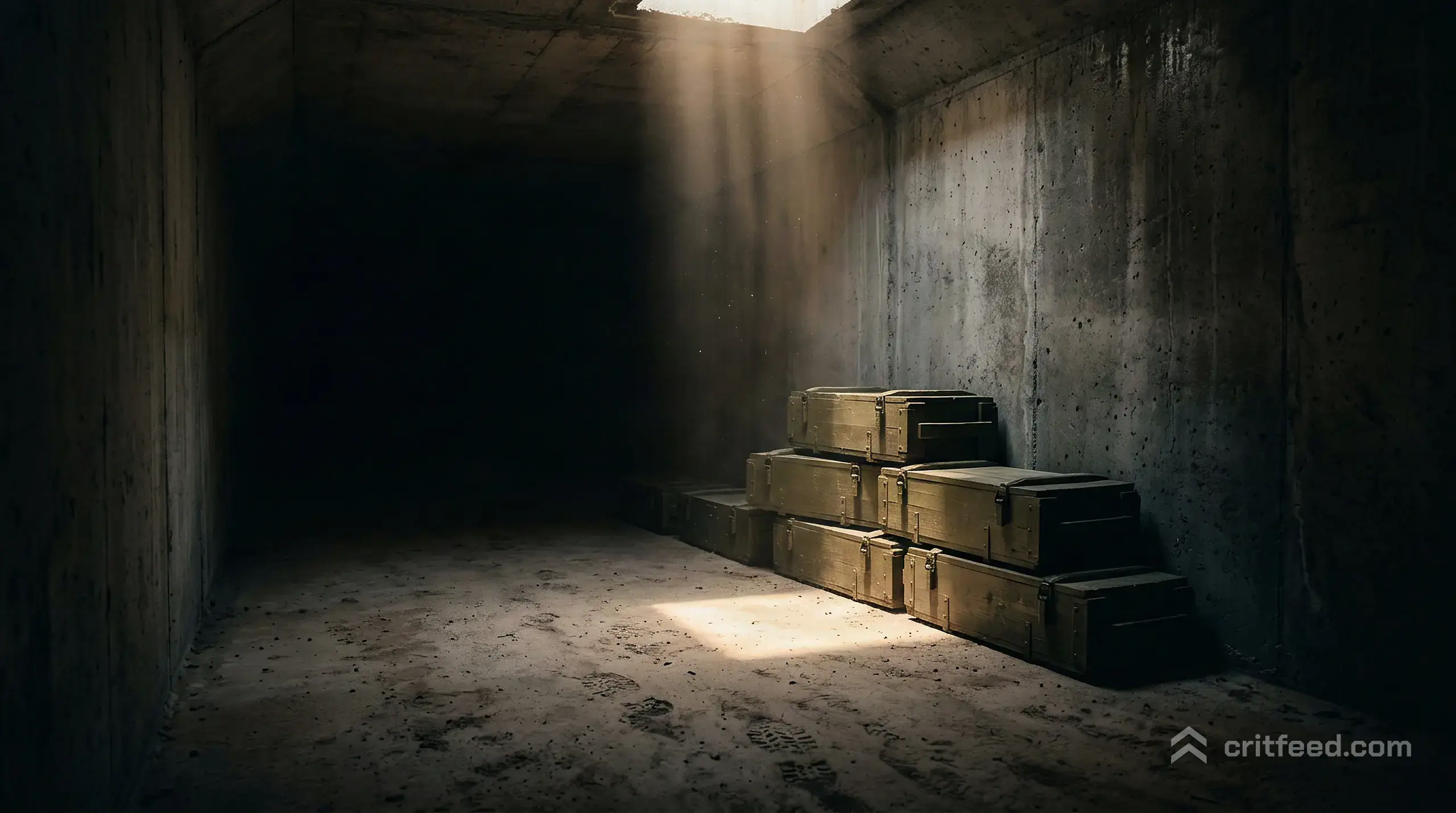 A dark concrete tunnel lit by a single shaft of sunlight from above, weapon crates stacked against damp walls, boot prints