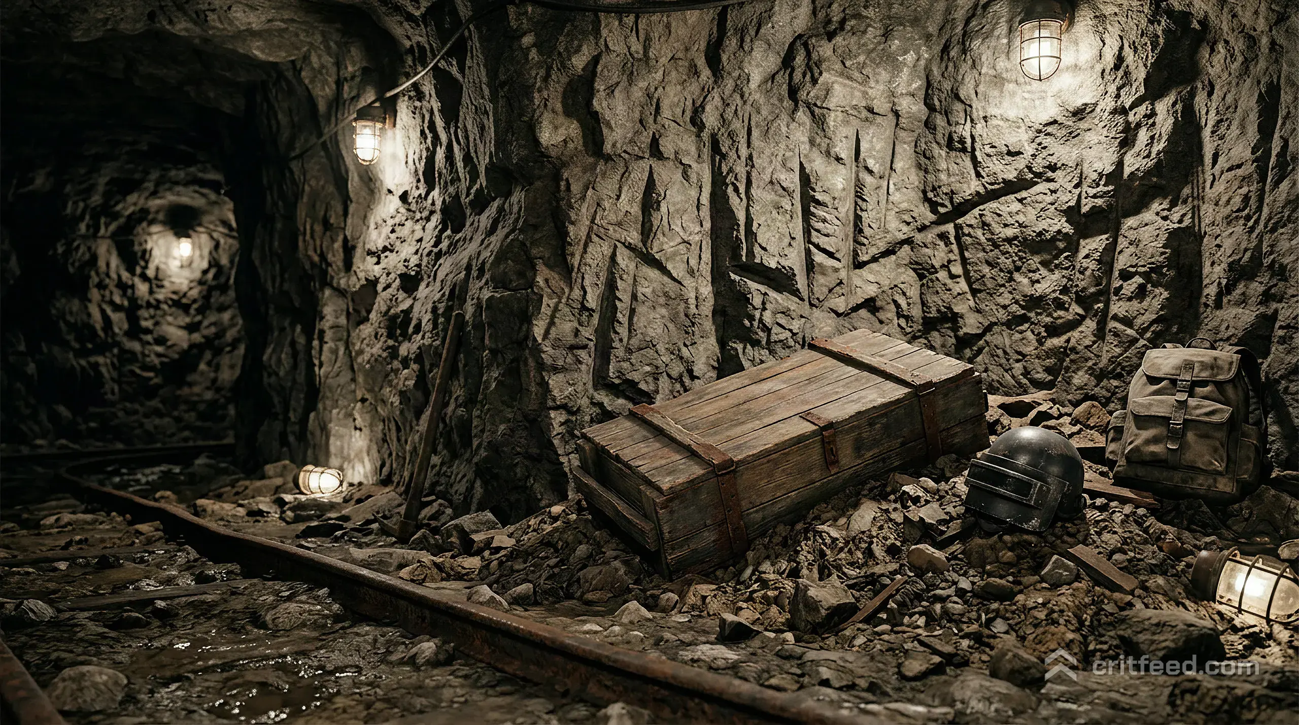 Rough stone walls lit by scattered emergency lights, a wooden crate half-buried in rubble, pickaxe marks scarring the rock