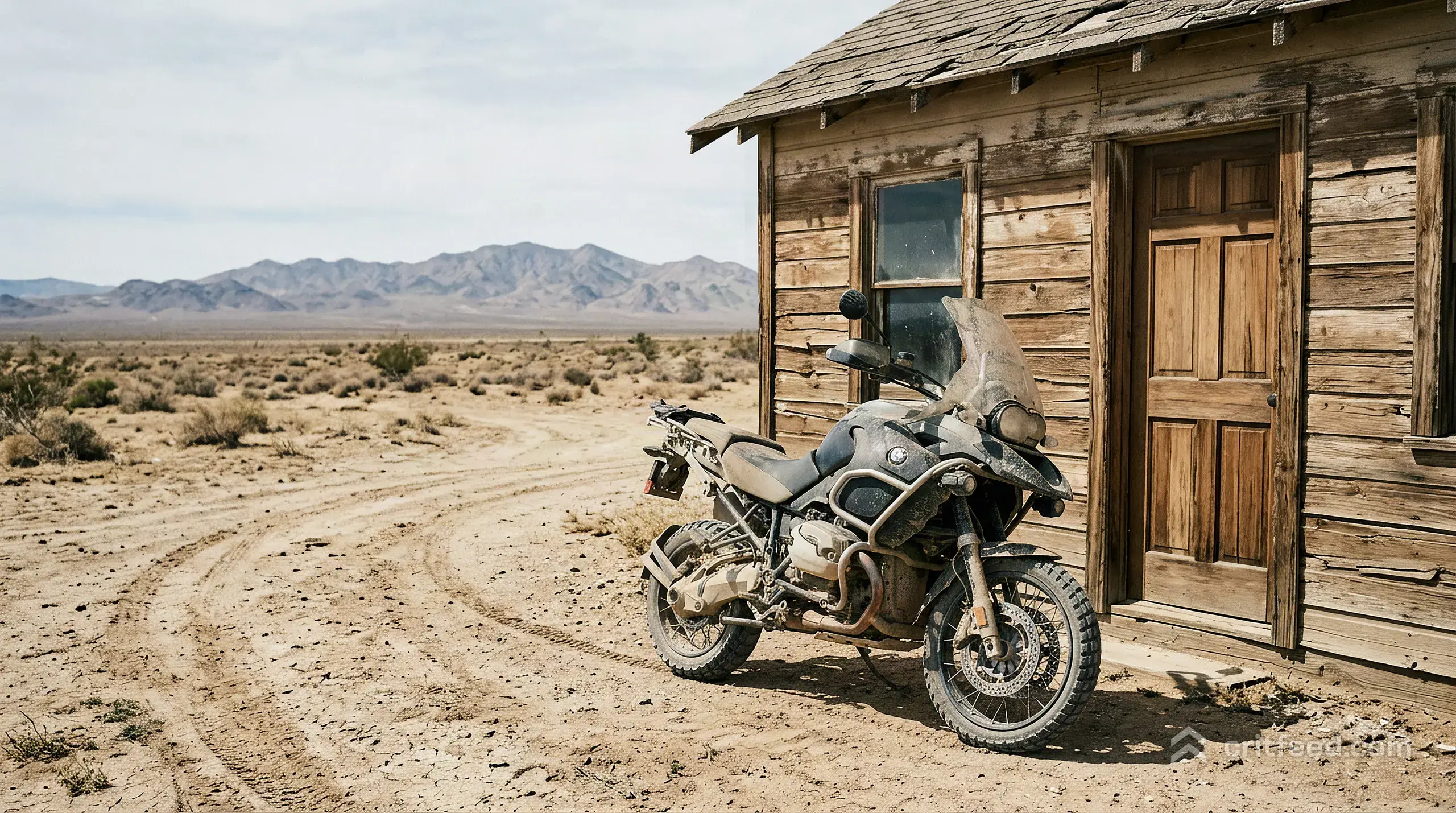 A dust-covered motorcycle parked beside a weathered wooden building, tire tracks leading away into empty desert, mountains