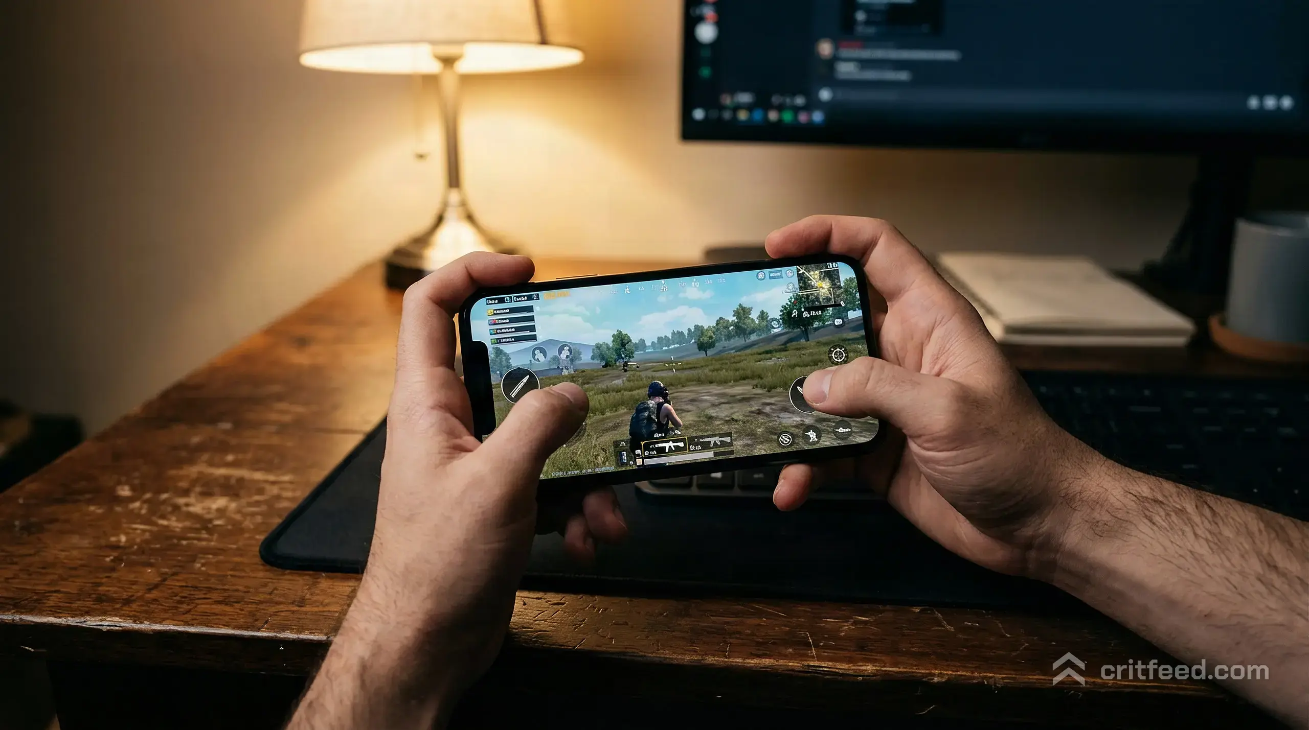a hand gripping a phone in claw position from above, index fingers resting on the top shoulder area of the screen, thumbs on