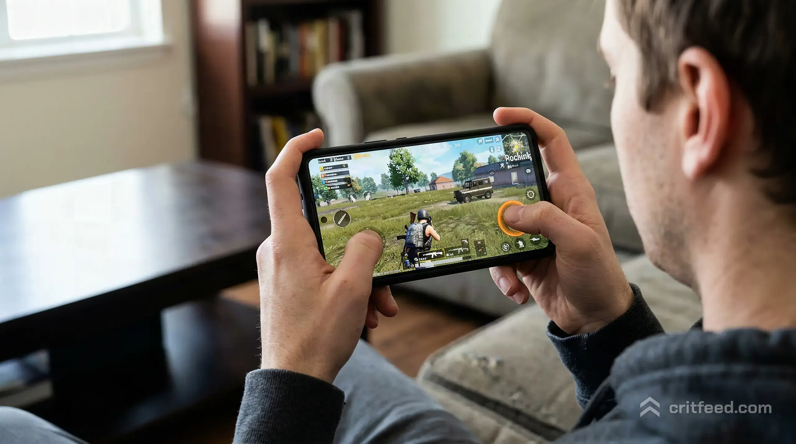 A phone held in landscape grip from behind the player, thumbs resting on the on-screen fire and aim buttons, the lobby