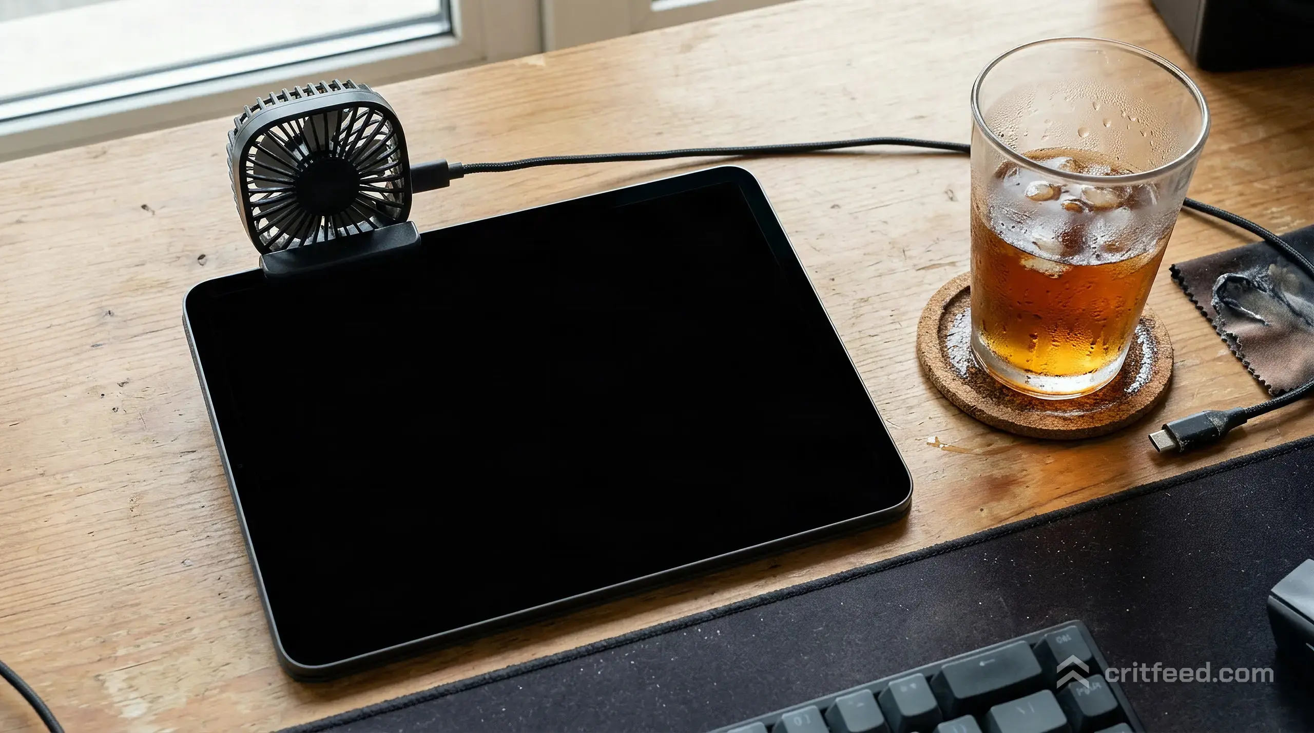 a close top-down view of a desk with a tablet in landscape orientation, a cooling fan clipped to one corner, a cold drink