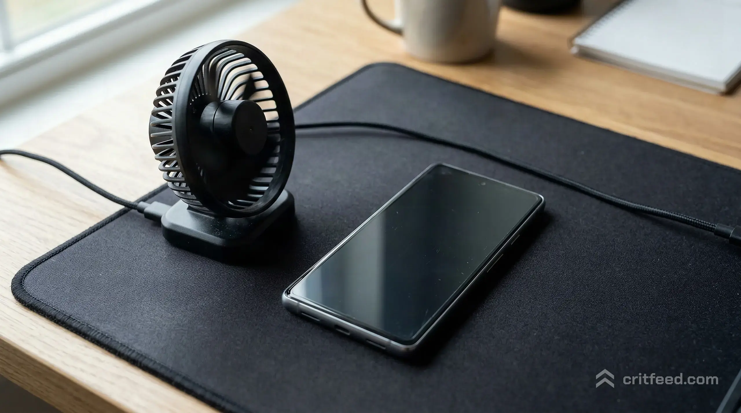 a phone resting face-up on a desk mat beside a small USB fan angled at it, the screen dark, cable running off the edge of