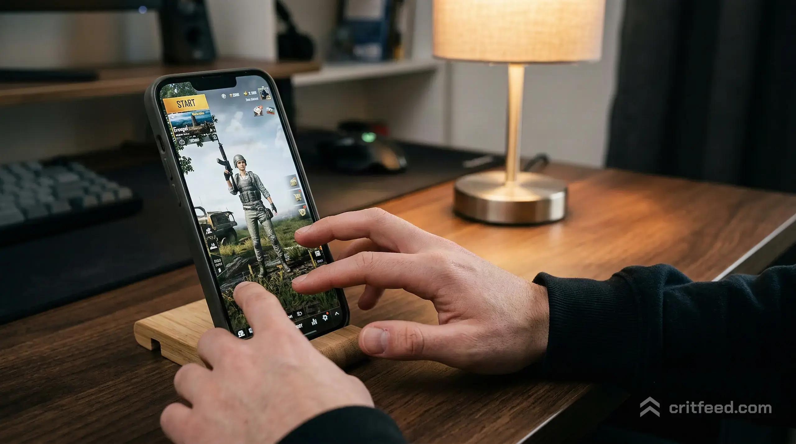 a phone propped on a desk showing a dusty battle royale lobby screen, warm lamp light to one side, fingers resting on the