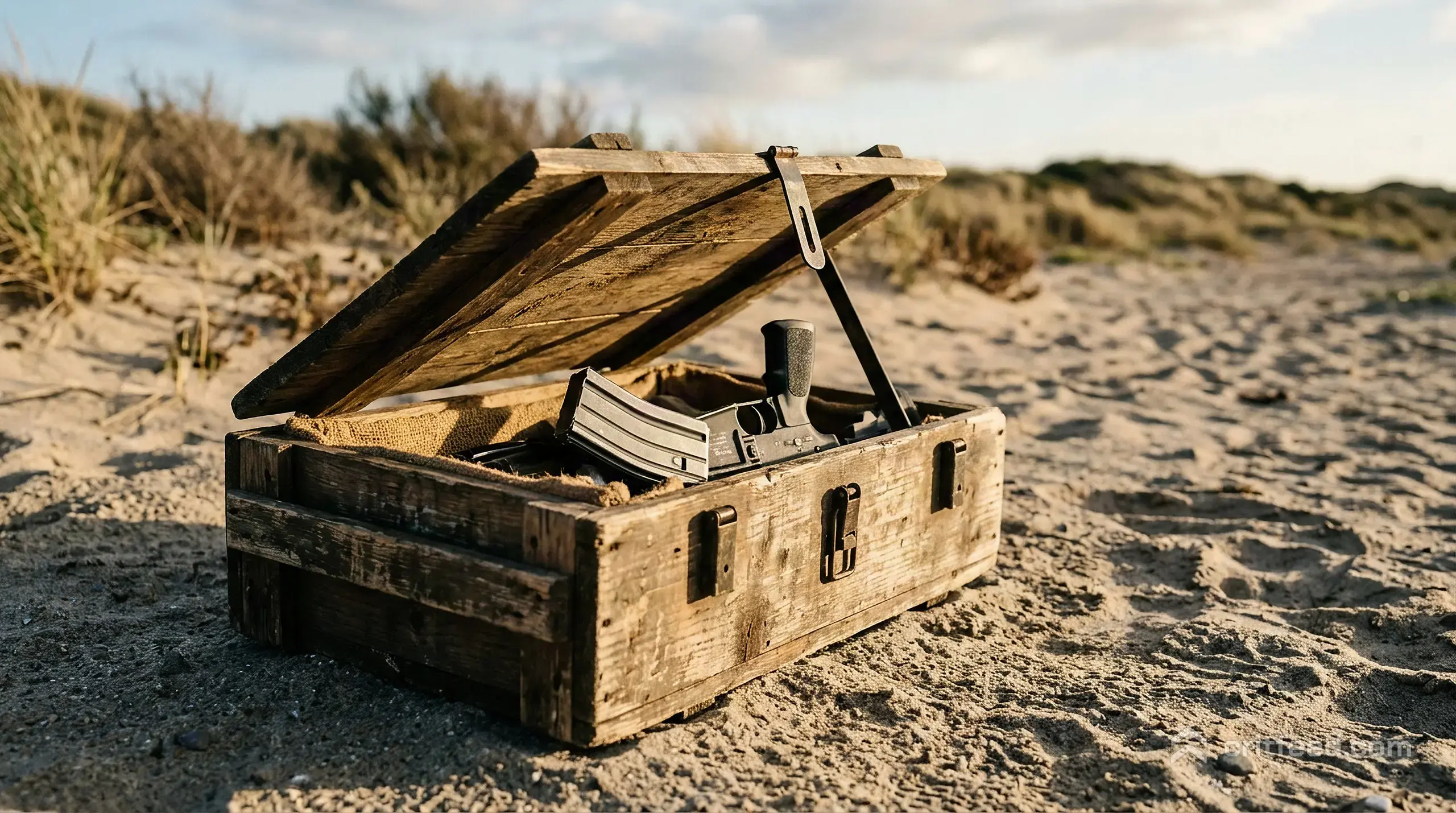 a close shot of a weathered wooden crate on a sandy floor, lid tilted open, with the dull metal of a magazine and the grip