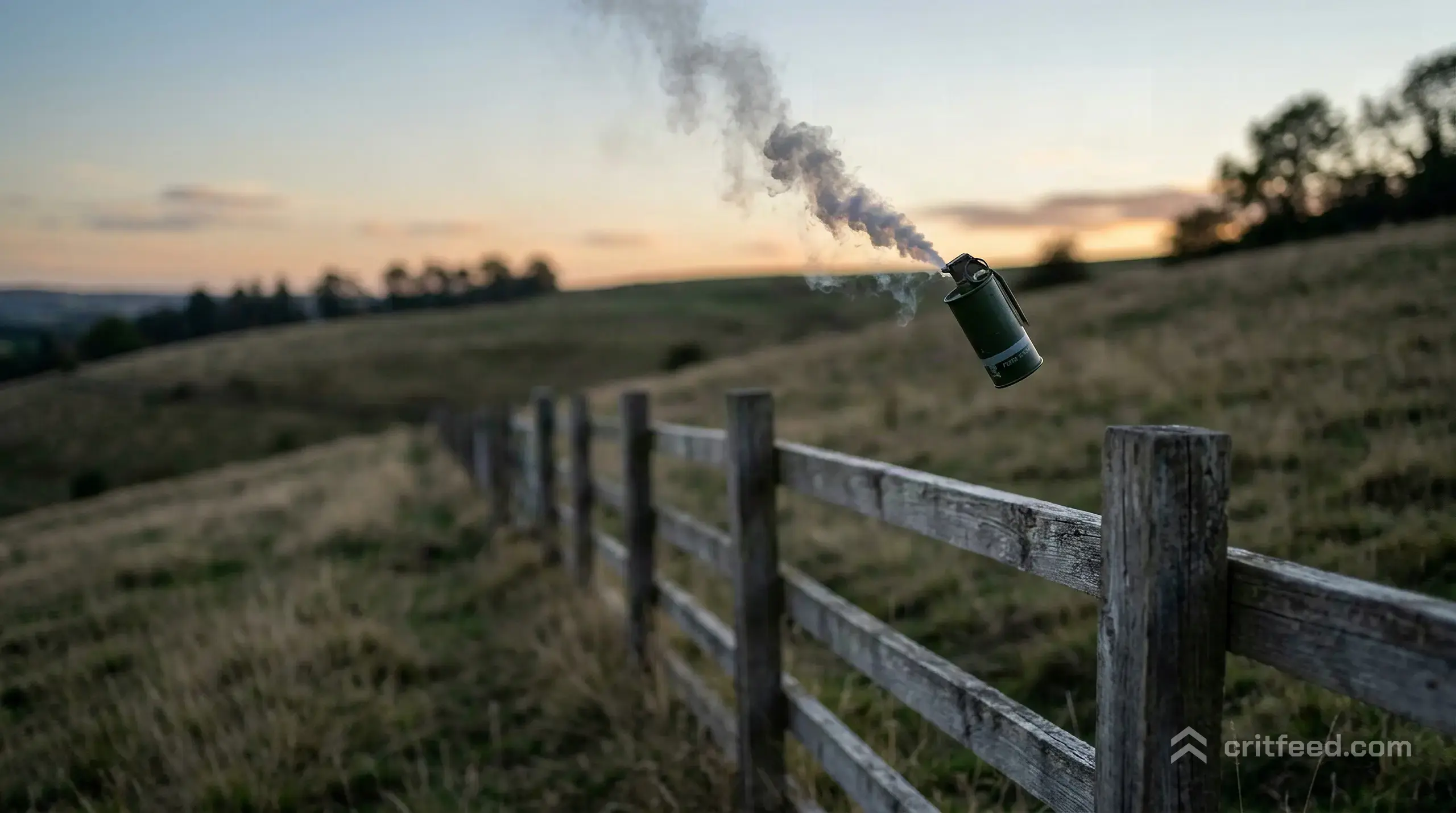 A close shot of a smoke grenade mid-air arcing over a wooden fence on a grassy slope at dusk, the smoke just beginning to