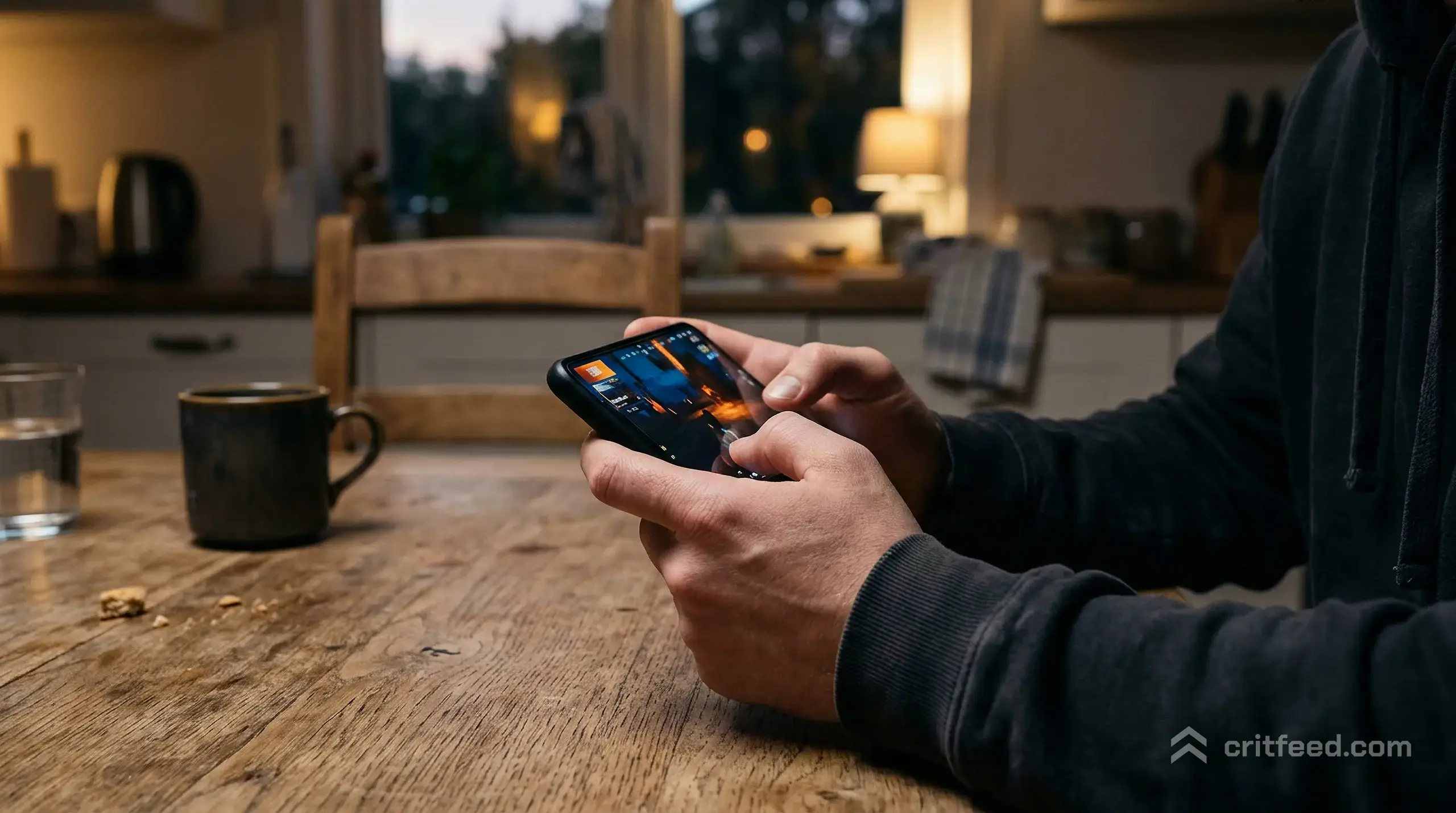 a phone held in two hands at a kitchen table, screen angled away so only the glow and the player's thumbs are visible, late