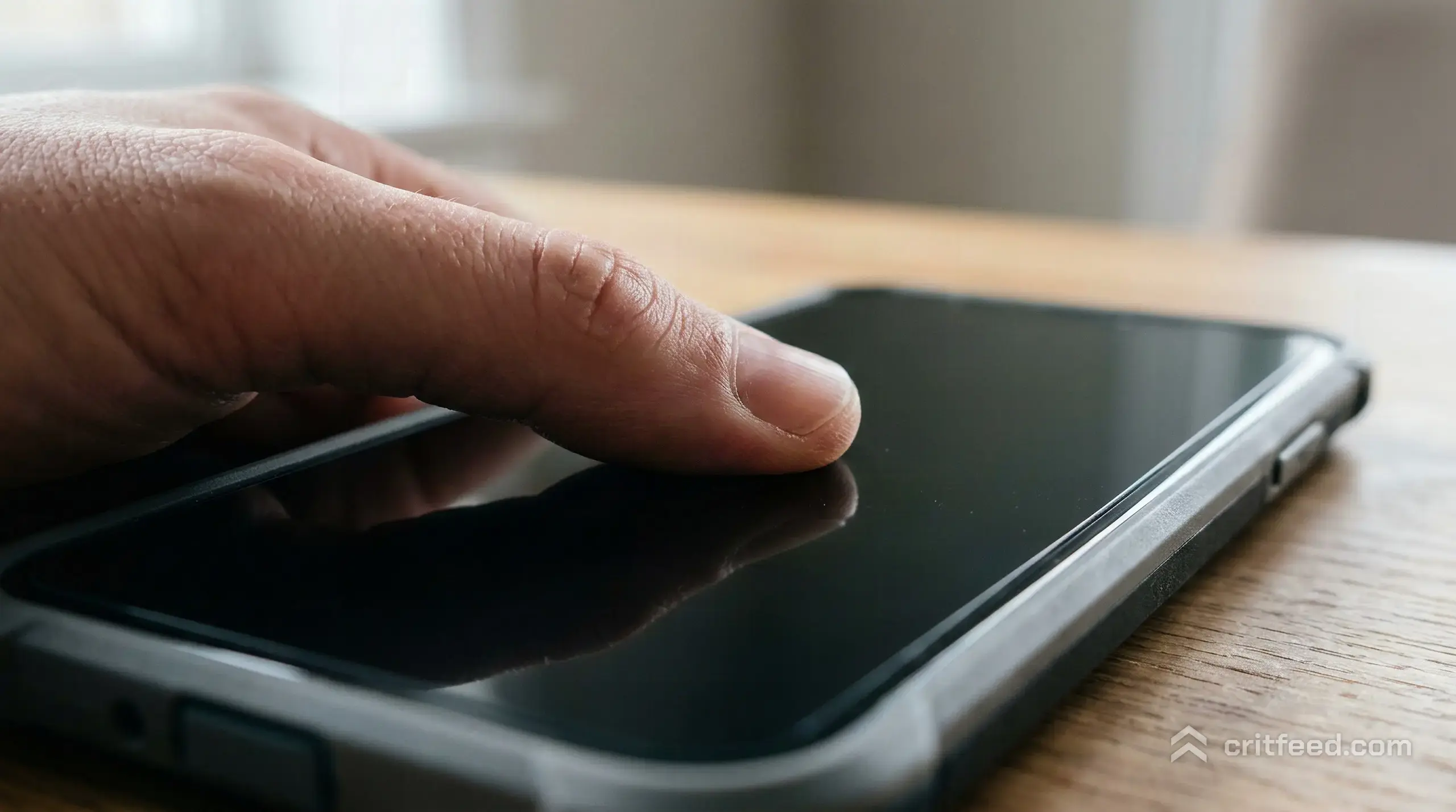 a close-up on a left thumb resting on a flat glass screen, finger pad slightly flattened against the surface, no interface