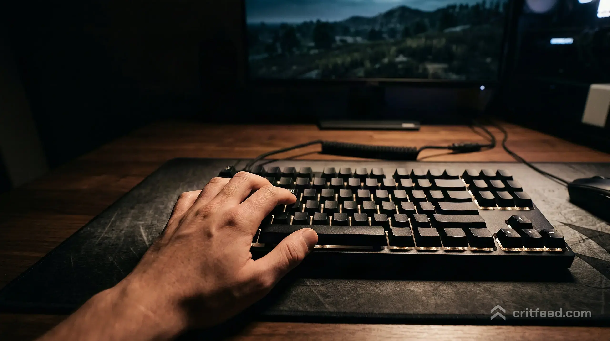 a hand resting on a mechanical keyboard with the spacebar and arrow keys clearly visible under warm desk light, the rest of