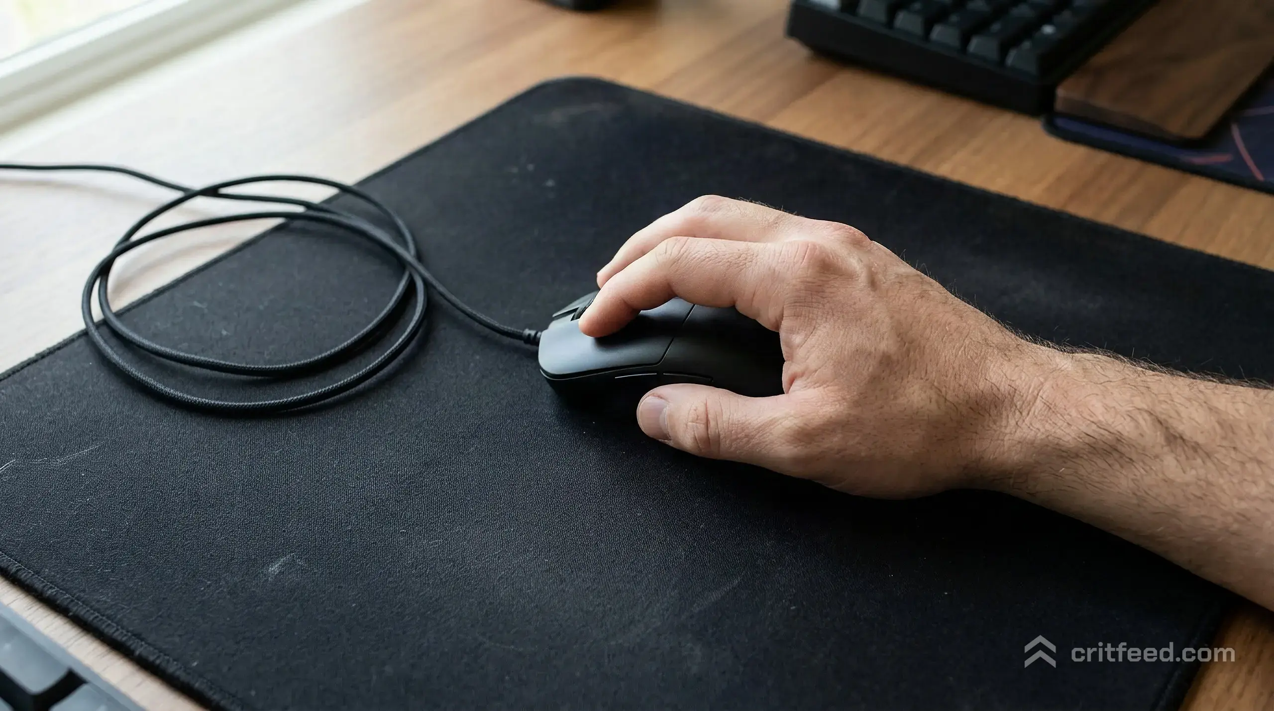 a close overhead shot of a right hand resting on a black ambidextrous mouse, forearm anchored to a large cloth mousepad, the