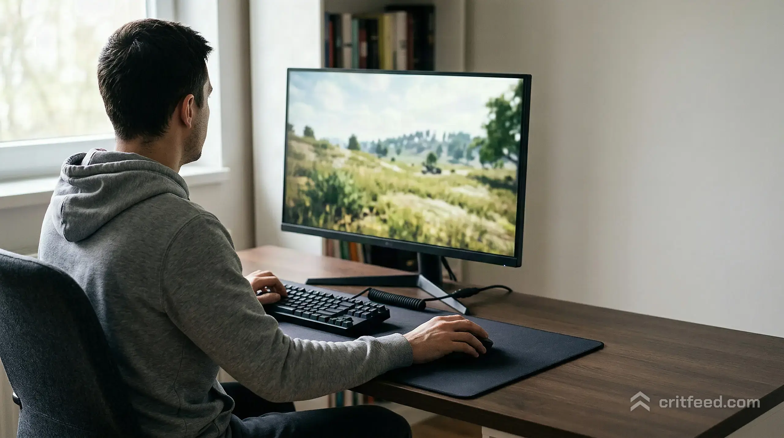 a player seen from behind at a desk, shoulders squared, both hands on peripherals, the monitor showing an out-of-focus