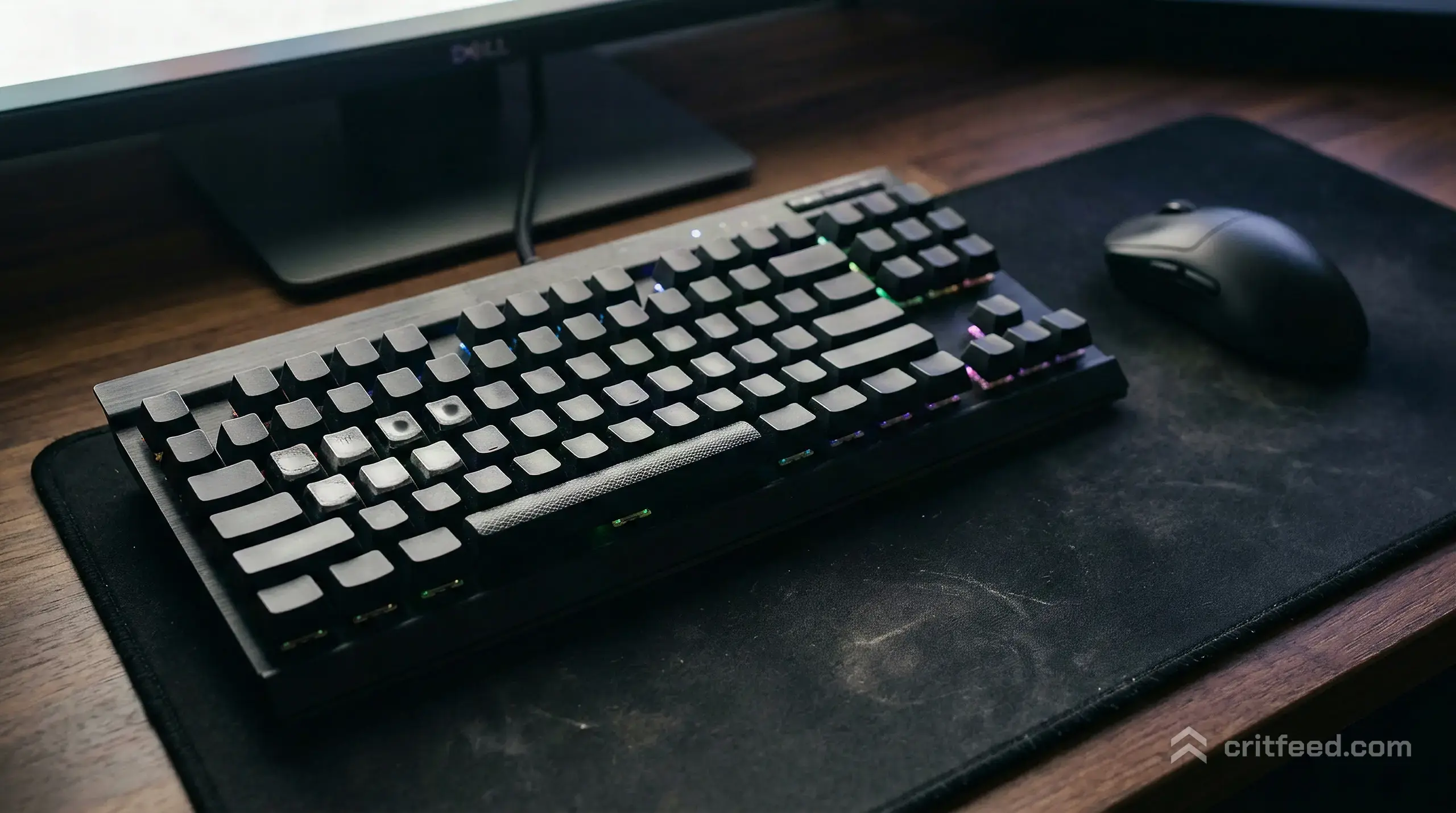 close-up of a mechanical keyboard with the WASD keys worn smooth, a mouse resting on a dark cloth pad, screen glow spilling