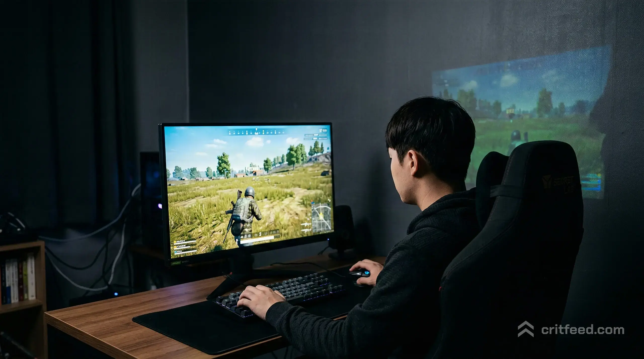 a player seen from behind in a dim room, leaning forward slightly, both hands on keyboard and mouse, the monitor's bright