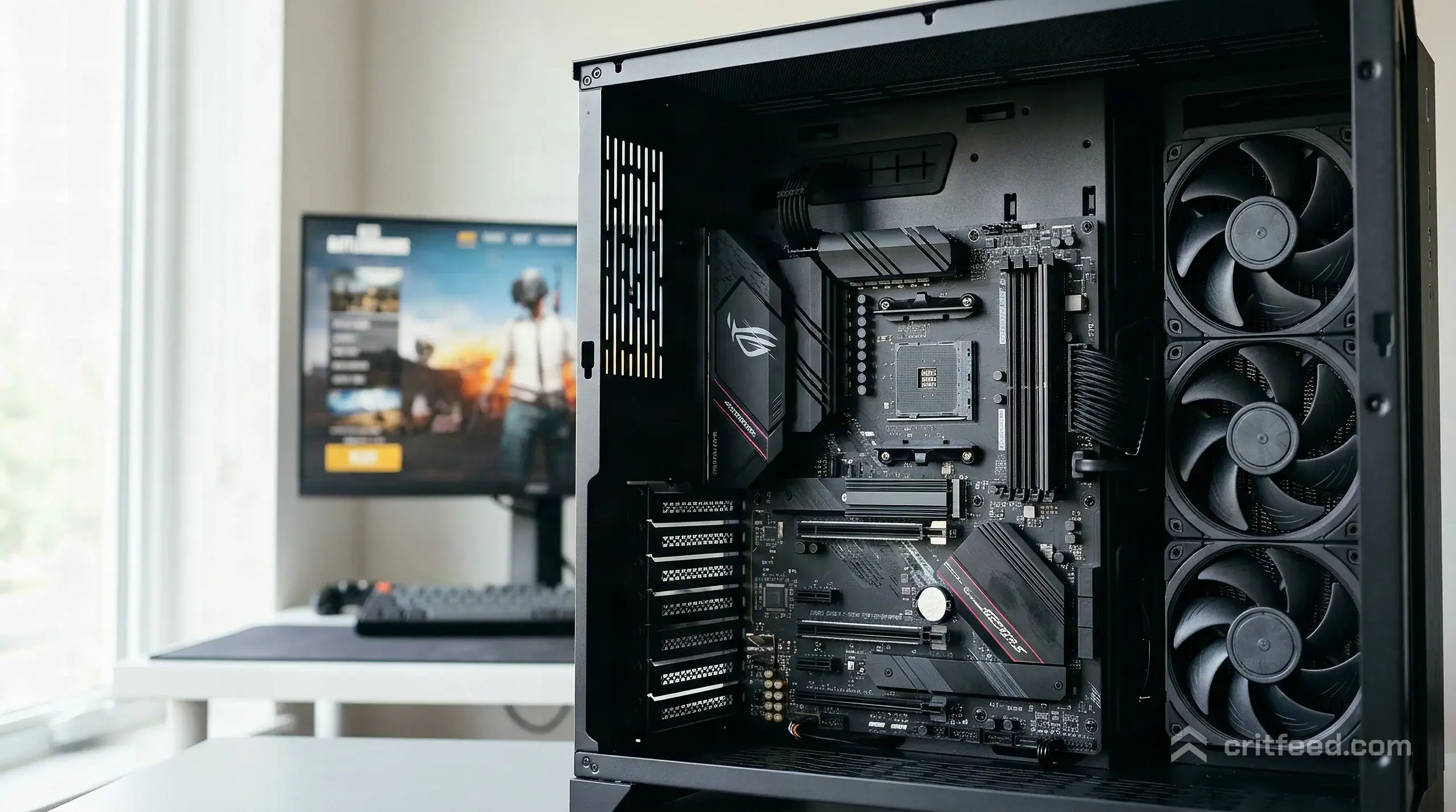 an open PC case lit from the side, an NVMe SSD seated under its heatsink on the motherboard, dust-free fans visible behind