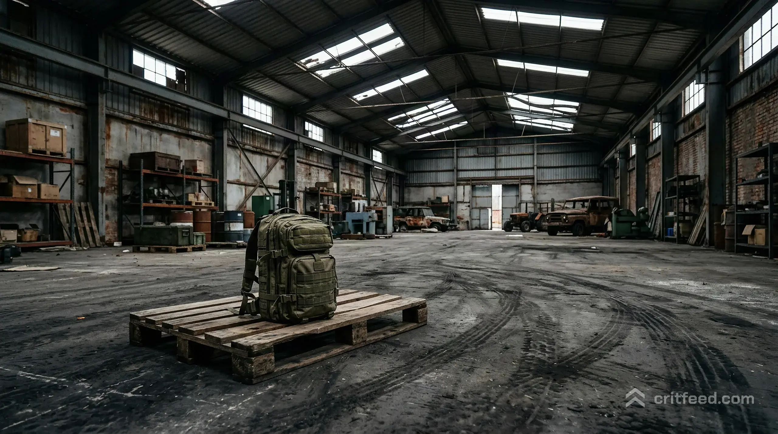 a wide shot of an open warehouse interior on Erangel, concrete floor scuffed with tire marks, shafts of grey daylight
